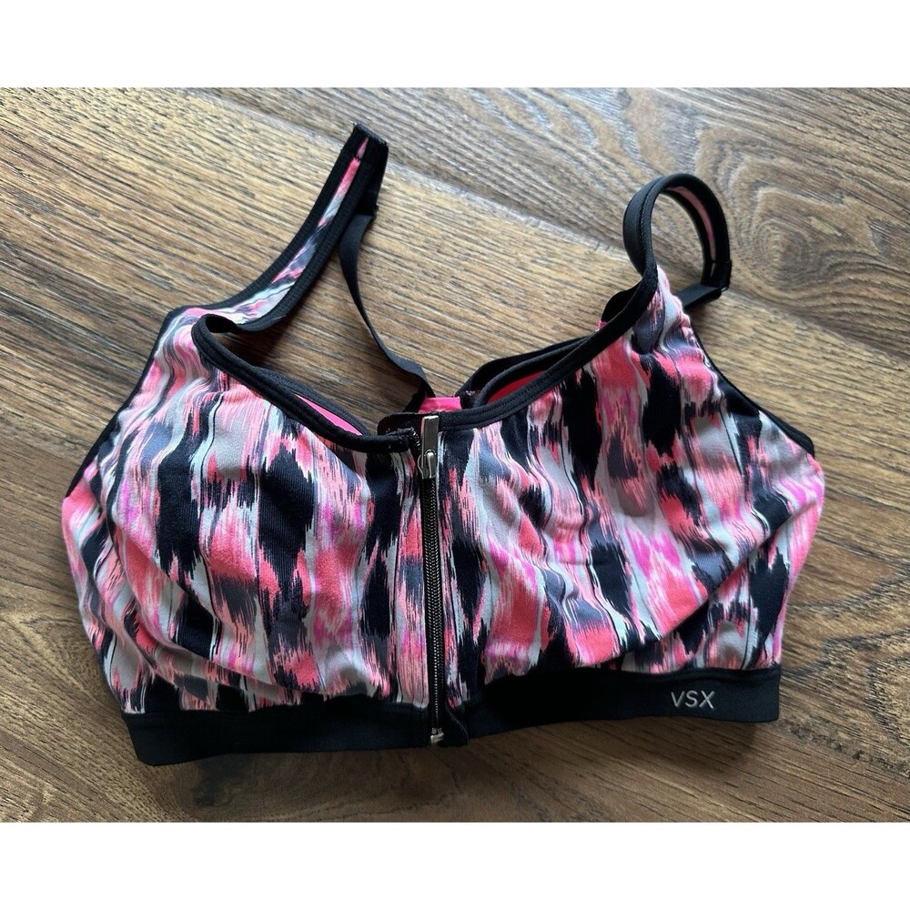 Victoria’s Secret VSX Knockout Sport Bra 36C Front Zip Pink Black Print